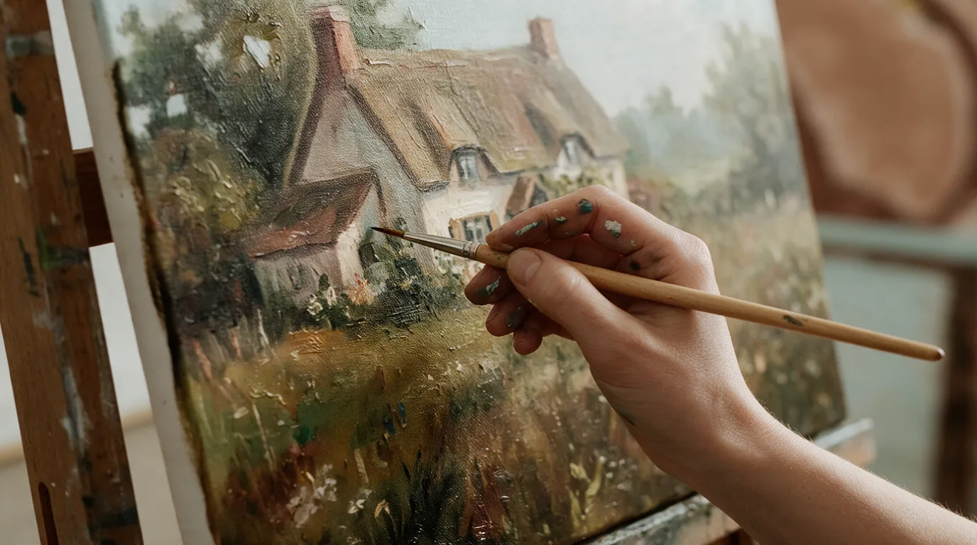 A paint-stained hand adding details with a fine brush to a cottage landscape oil painting on an easel.