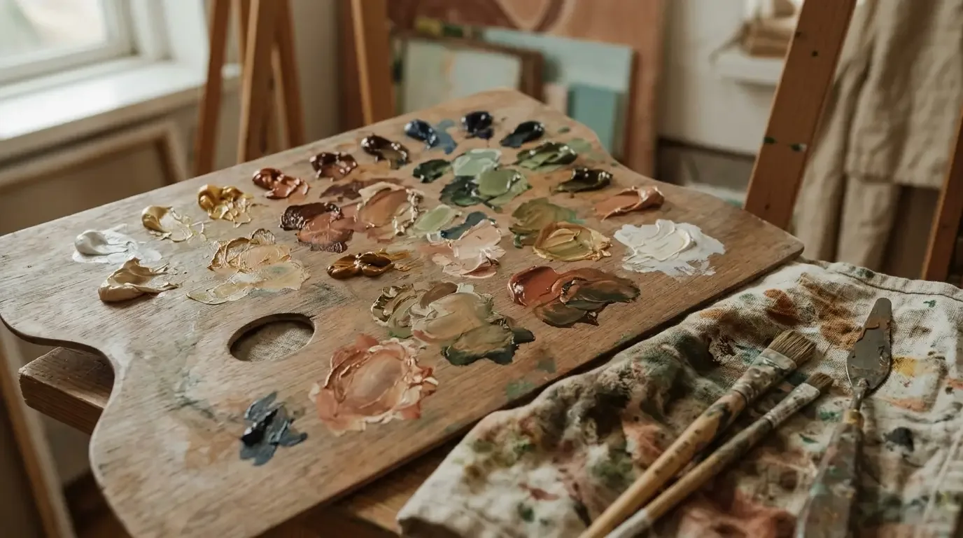 A wooden palette full of mixed oil paints beside brushes and a palette knife on a paint-stained cloth.